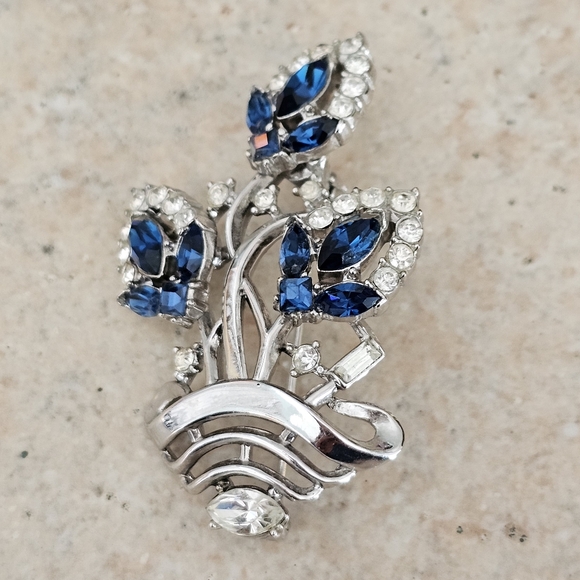 Trifari Jewelry - Vintage Crown Trifari Blue and Clear Rhinestone Basket Brooch
